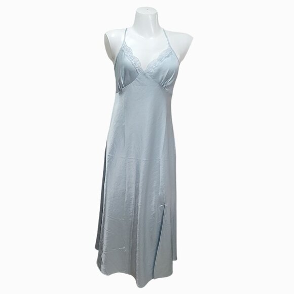 Satin Chemise Gown Slip Maxi Dress L Blue - Picture 1 of 8